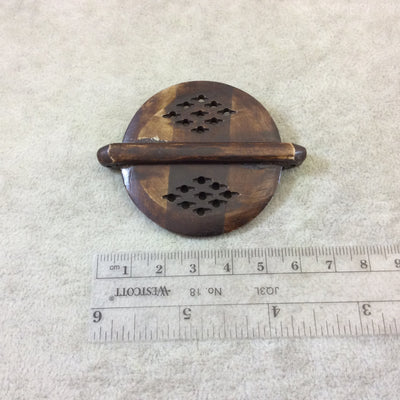 2" Carved Mixed Brown Flat Round/Disc Shaped Natural Bone Pendant/Connector with Two Holes - Measuring 51mm x 51mm, Approx. - (TR2BRFLCRD)