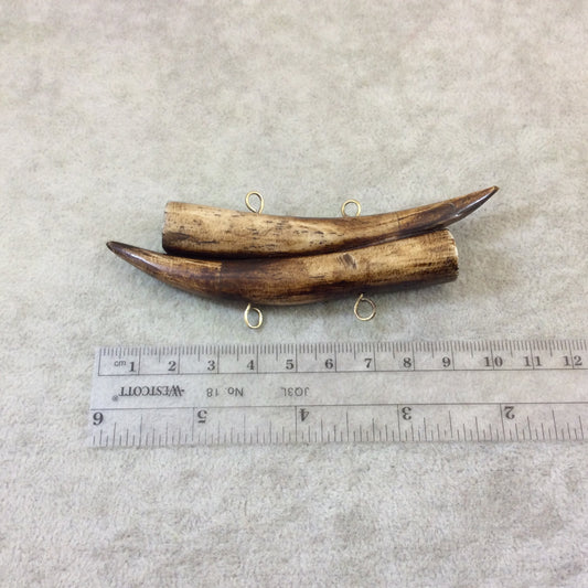 4" Mixed Brown Mirrored Double Antler Tusk Shaped Natural Ox Bone Pendant with Four Suspension Rings - Measuring 110mm x 25mm - (TR4BRDMANT)
