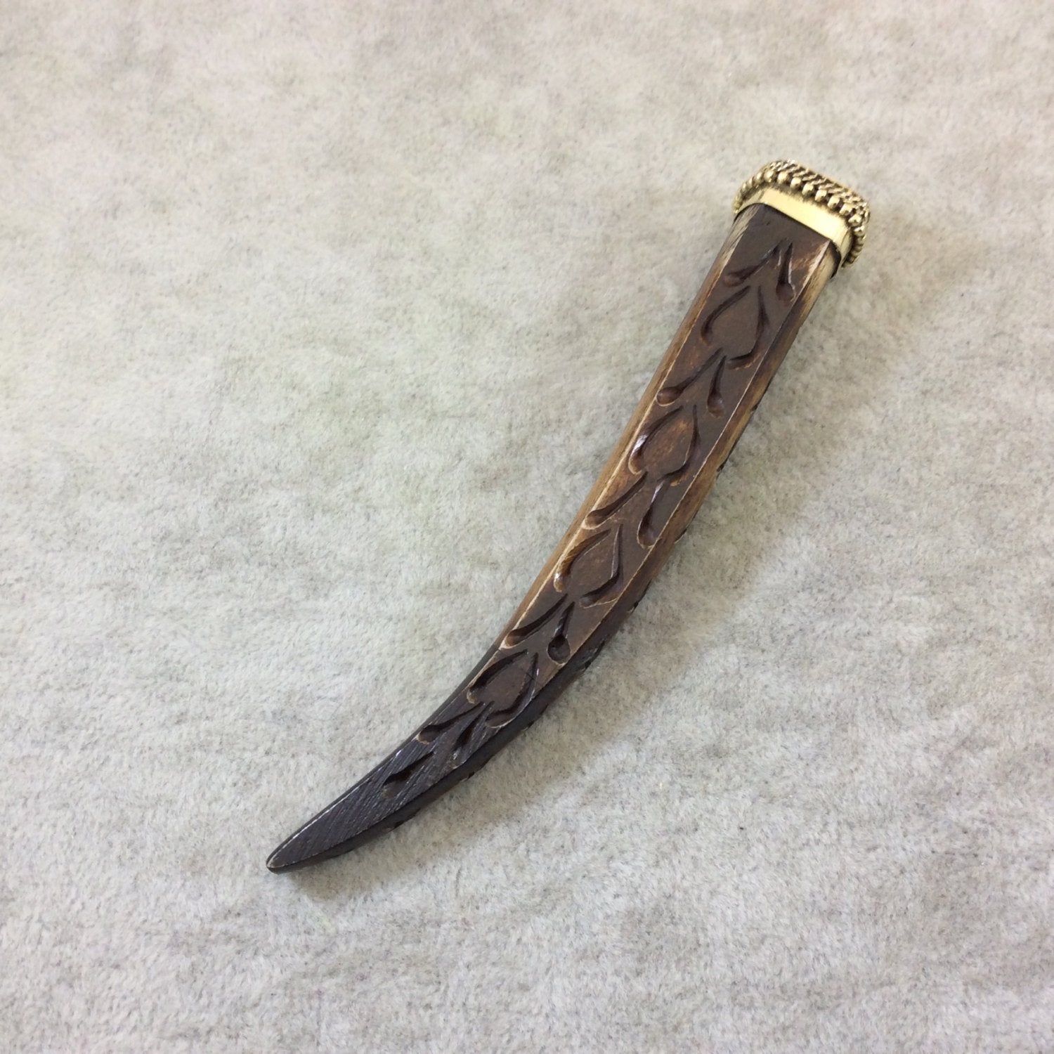 SALE - 4.5" Dark Brown Squared Tusk/Claw Shaped Natural Ox Bone Pendant with Wavy Slashes and Gold Cap - Measuring 18mm x 105mm