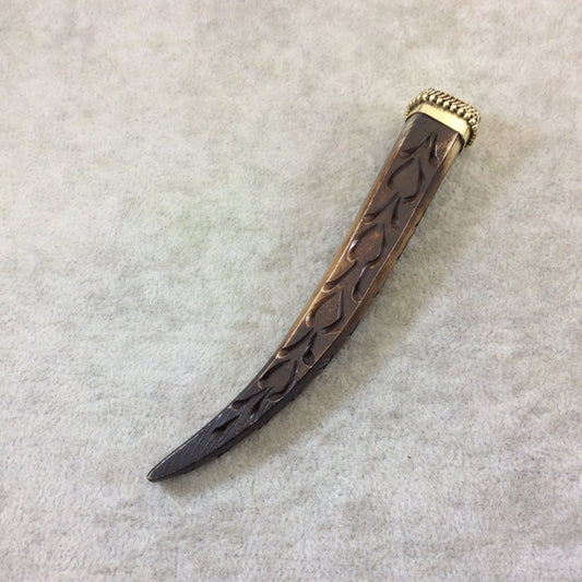 SALE - 4.5" Dark Brown Squared Tusk/Claw Shaped Natural Ox Bone Pendant with Wavy Slashes and Gold Cap - Measuring 18mm x 105mm