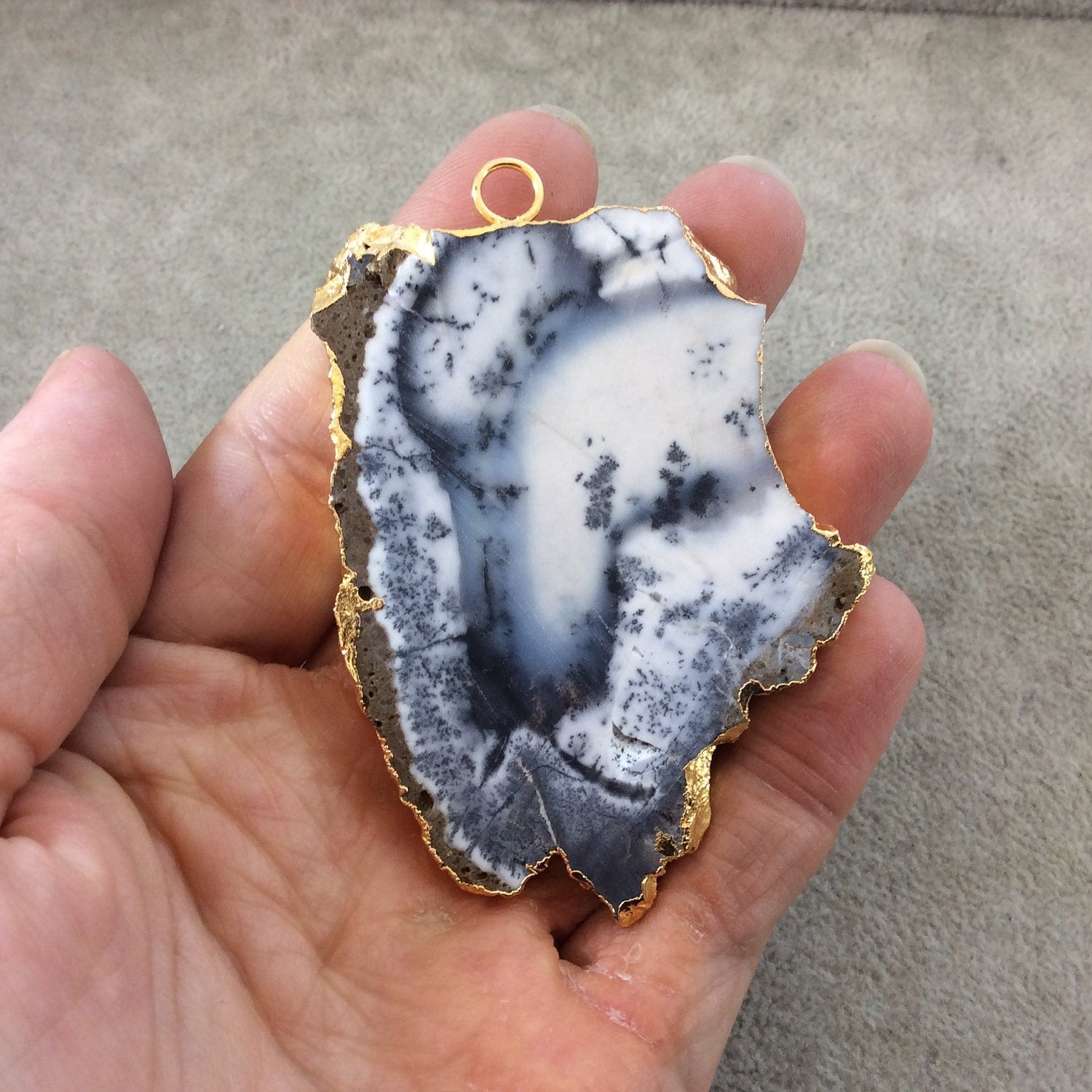 Single OOAK Extra-Large Sized Gold Plated Natural Matte Dendritic Opal Freeform Slab/Slice Shaped Pendant - Measuring 52mm x 70mm, Approx.