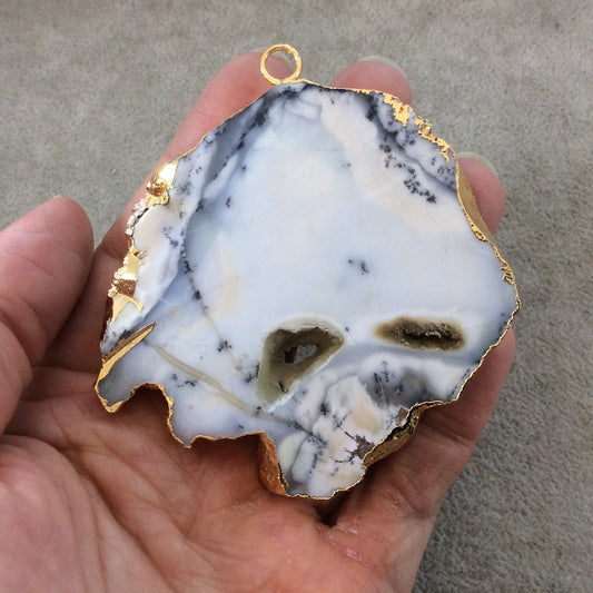 Single OOAK Extra-Large Sized Gold Plated Natural Matte Dendritic Opal Freeform Slab/Slice Shaped Pendant - Measuring 72mm x 70mm, Approx.