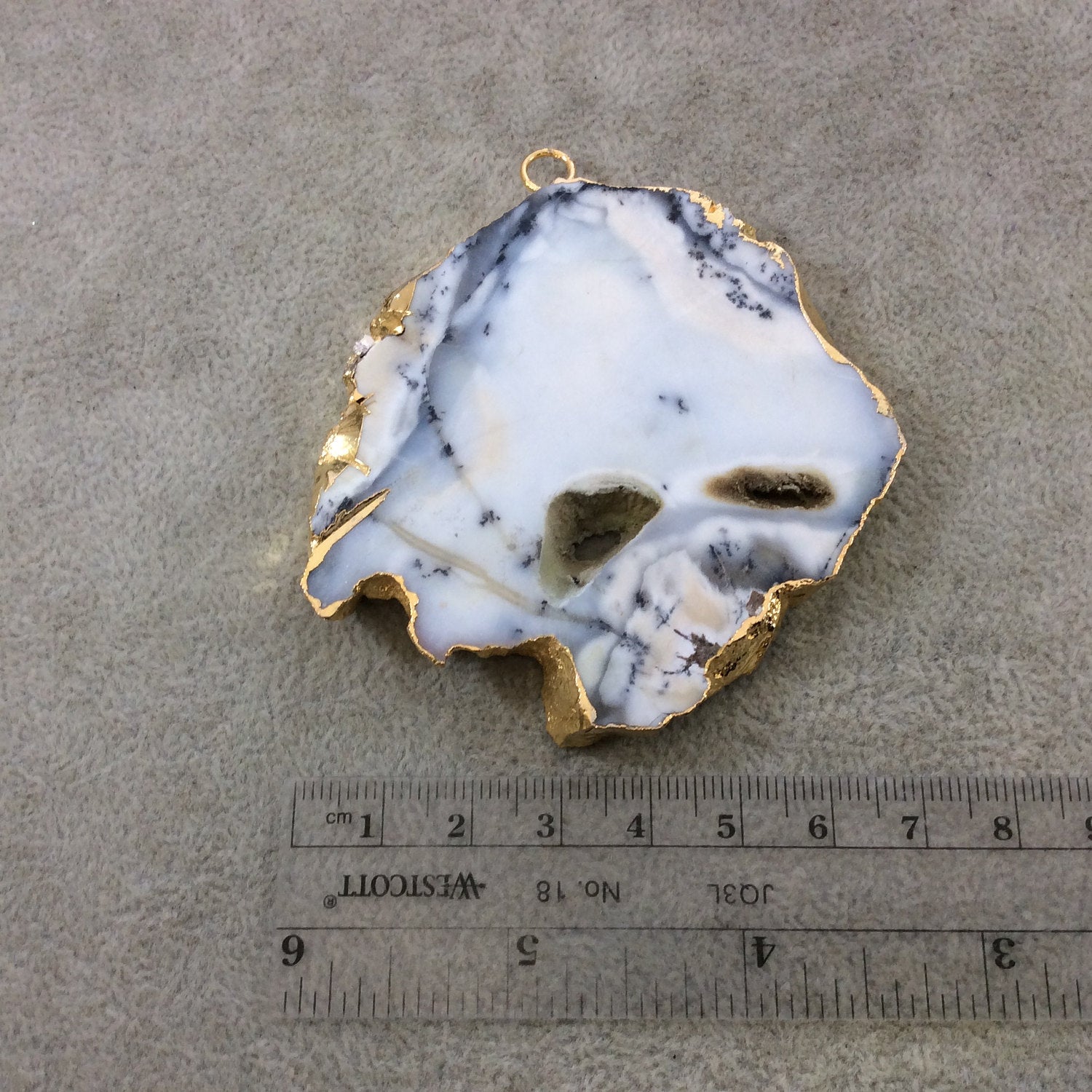 Single OOAK Extra-Large Sized Gold Plated Natural Matte Dendritic Opal Freeform Slab/Slice Shaped Pendant - Measuring 72mm x 70mm, Approx.
