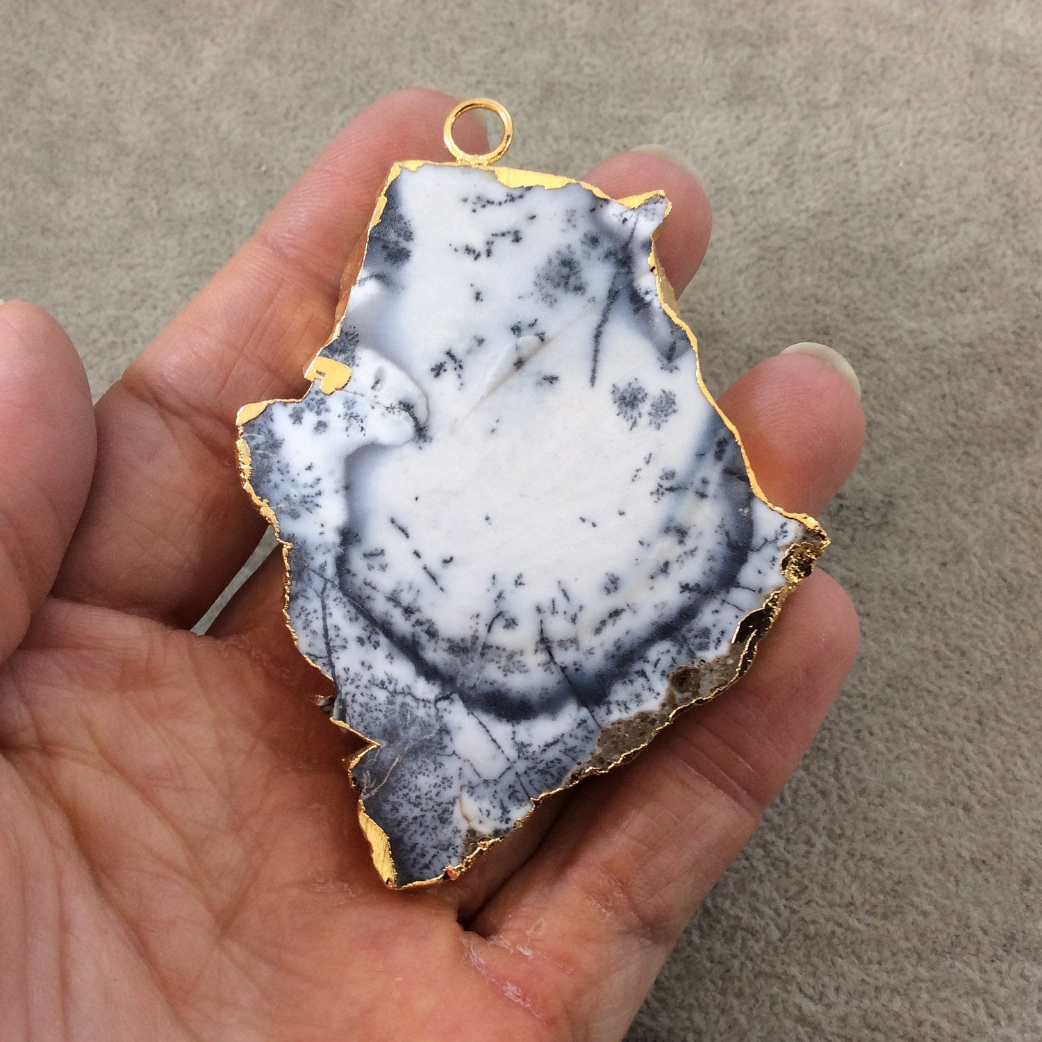 Single OOAK Extra-Large Sized Gold Plated Natural Matte Dendritic Opal Freeform Slab/Slice Shaped Pendant - Measuring 58mm x 73mm, Approx.