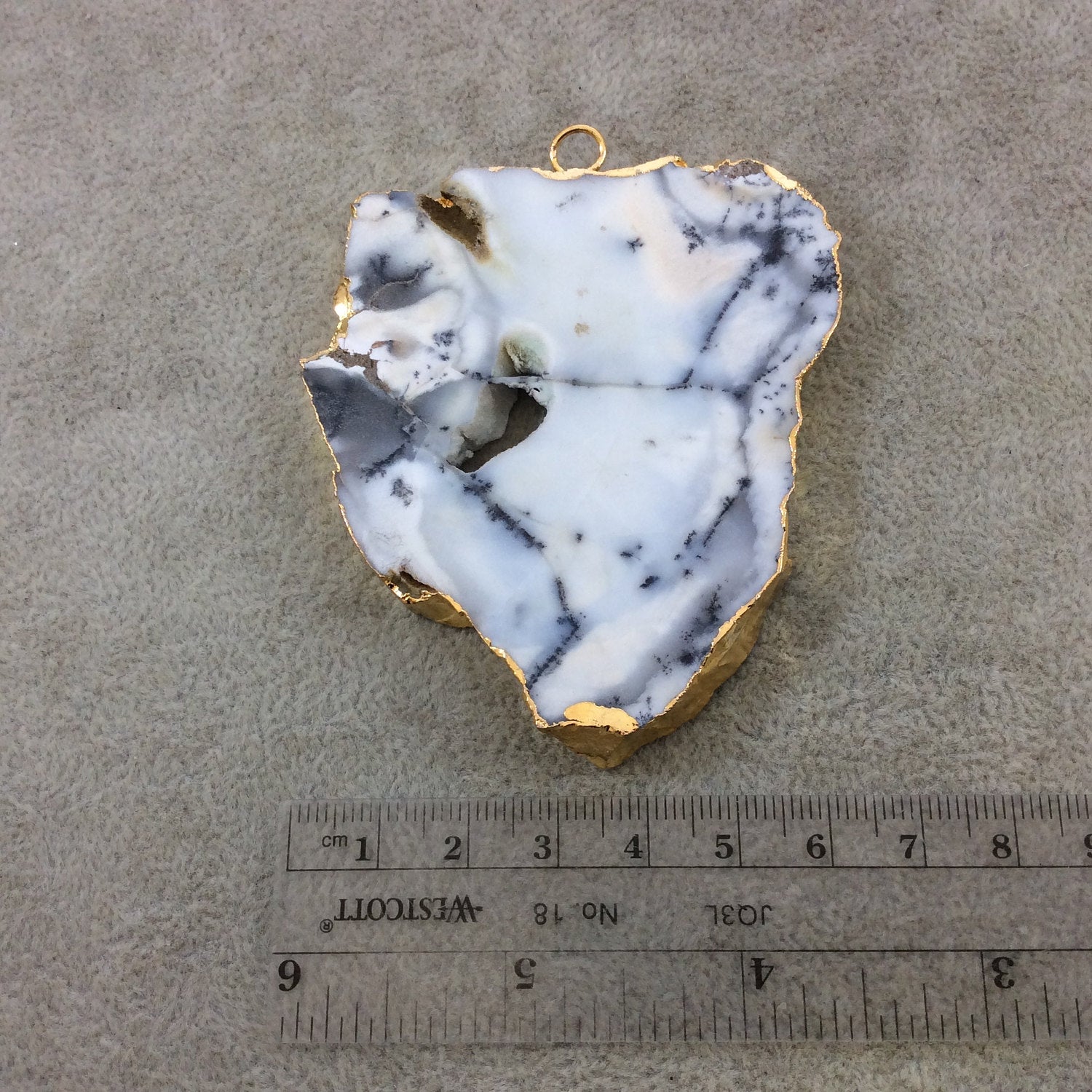 Single OOAK Extra-Large Sized Gold Plated Natural Matte Dendritic Opal Freeform Slab/Slice Shaped Pendant - Measuring 66mm x 77mm, Approx.