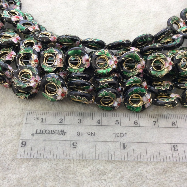 15mm Decorative Floral Multicolor Black Donut/Ring Shaped Metal/Enamel Cloisonné Beads - Sold by 15" Strands (Approx. 27 Beads Per Strand)