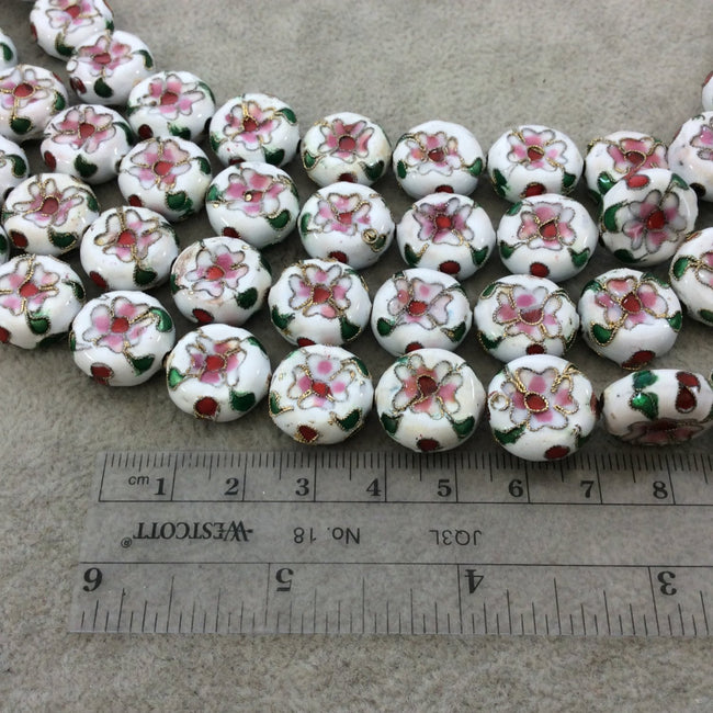 16mm Decorative Floral Multicolor White Puffed Drum Shaped Metal/Enamel Cloisonné Beads - Sold by 15" Strands (Approx. 25 Beads Per Strand)