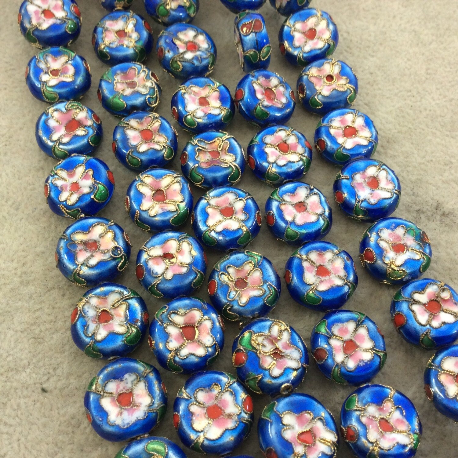16mm Decorative Floral Medium Blue Puffed Drum Shaped Metal/Enamel Cloisonné Beads - Sold by 15" Strands (Approx. 25 Beads Per Strand)