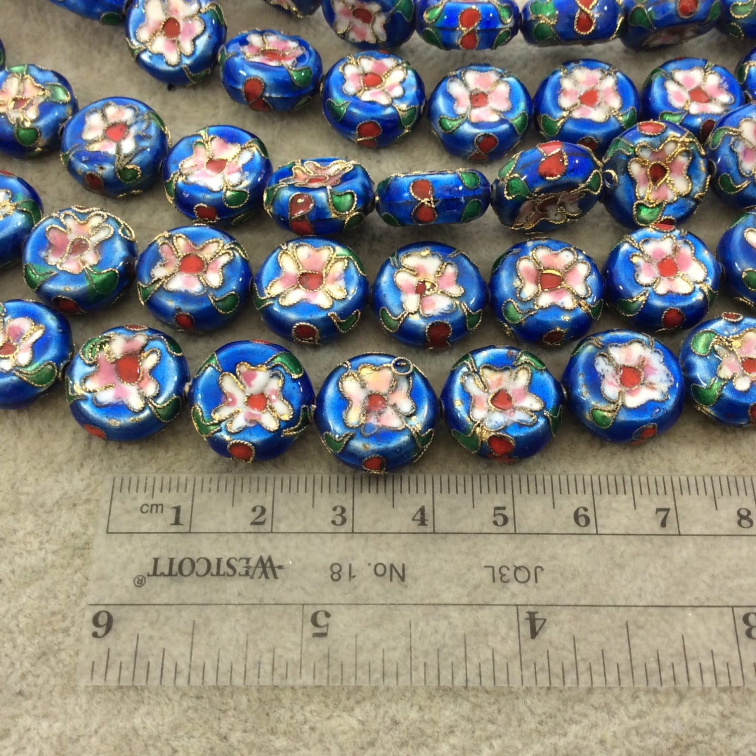 16mm Decorative Floral Medium Blue Puffed Drum Shaped Metal/Enamel Cloisonné Beads - Sold by 15" Strands (Approx. 25 Beads Per Strand)