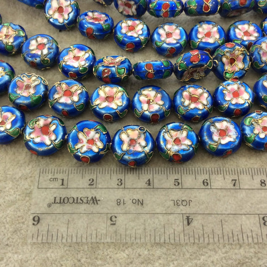 16mm Decorative Floral Medium Blue Puffed Drum Shaped Metal/Enamel Cloisonné Beads - Sold by 15" Strands (Approx. 25 Beads Per Strand)