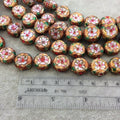 16mm Decorative Floral Multicolor Orange Puffed Drum Shaped Metal/Enamel Cloisonné Beads - Sold by 15" Strands (Approx. 25 Beads Per Strand)