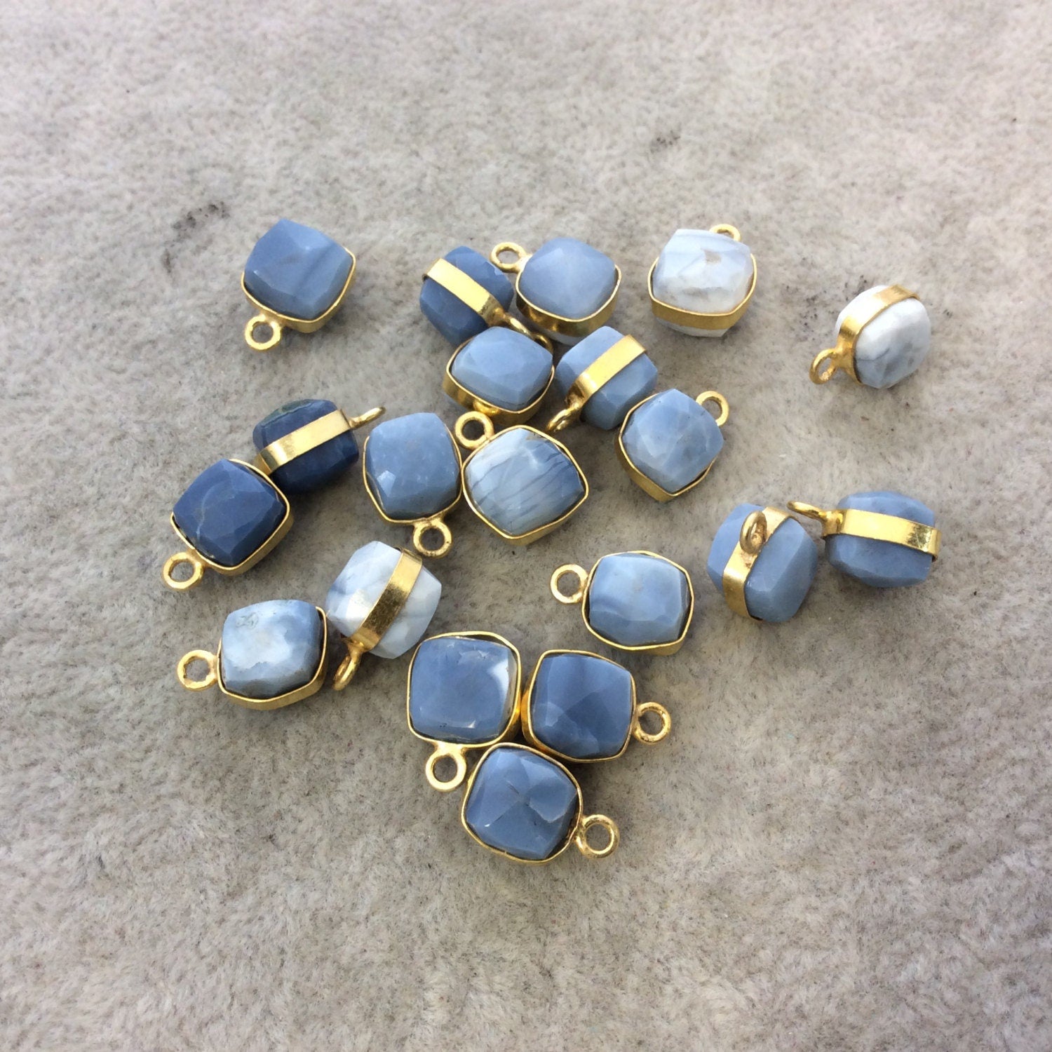 Gold Finish Faceted Blue Opal Cube/Square Shaped Plated Copper Bezel Charm/Drop - Measuring 7-8mm - Natural Gemstone - Sold Individually