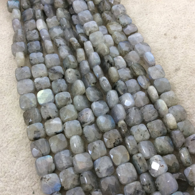 8mm Faceted Natural Iridescent Labradorite Flat Square Shaped Beads with 1mm Holes - 15" Strand (Approx. 50 Beads) - High Quality Gemstone