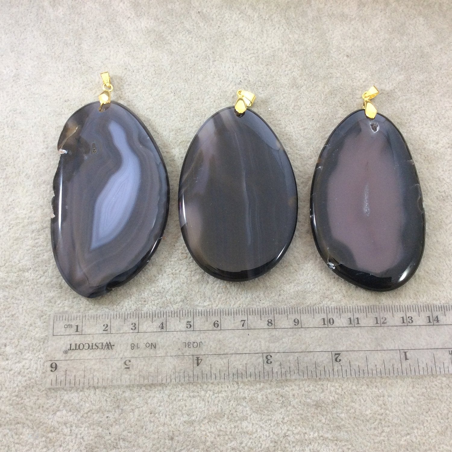 Natural Black/Gray Agate Freeform Shaped Pendant with Gold Plated Bail - Measuring - 65-80mm Long, Approx. - Sold Individually, Random