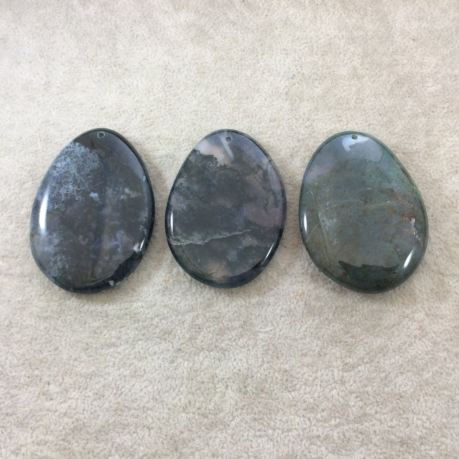 Natural Green Moss Agate Freeform Oval Shaped Pendant with Drilled Hole - Measuring - 50-55mm Long, Approx. - Sold Individually, Randomly