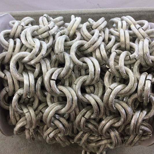 A1097 FULL SPOOL - Silver Plated Aluminum Textured Double Ring Shaped Parallel Cable Chain with 20mm x 20mm Links - Three Finishes Available