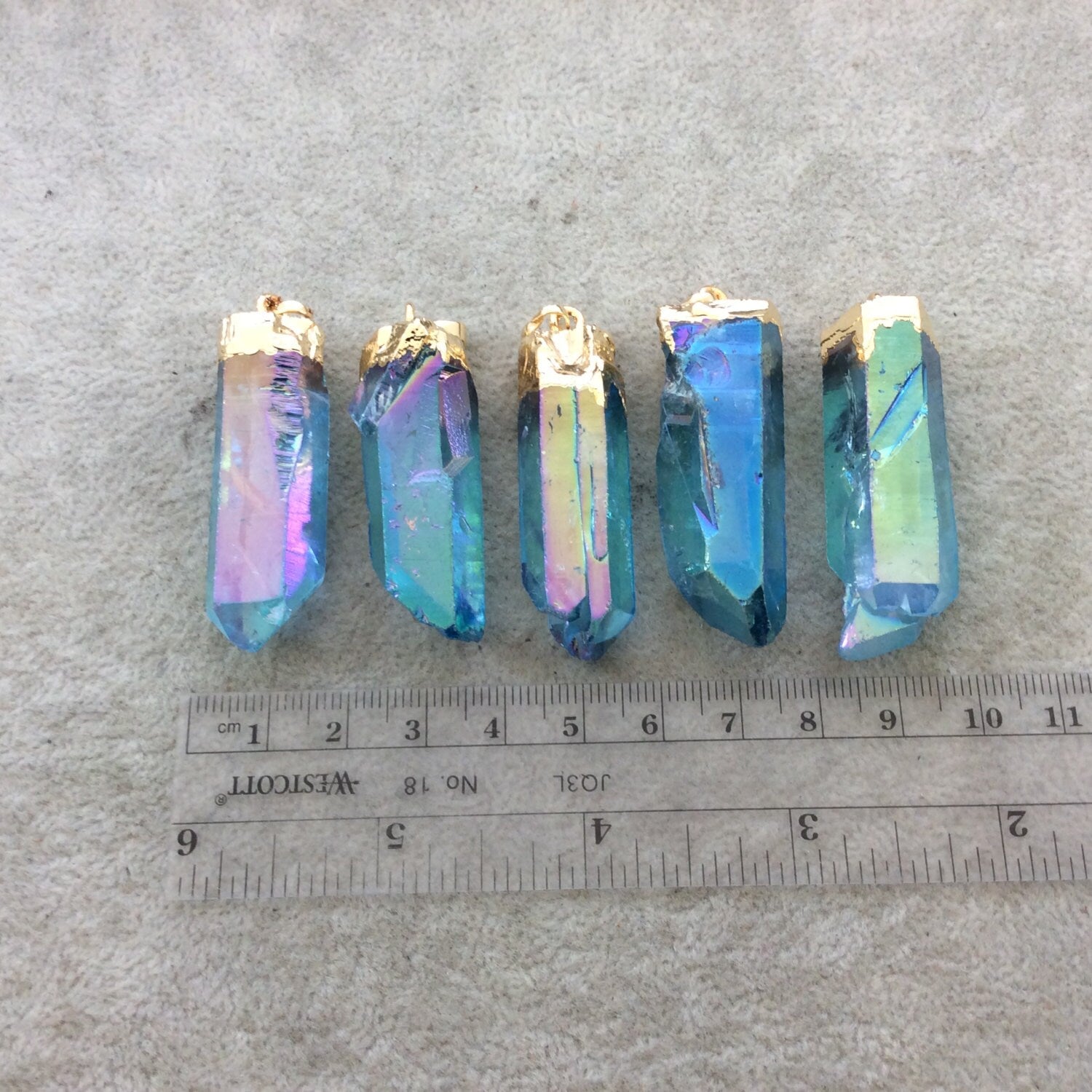 Gold Electroplated Mystic Blue Coated Angel Aura Quartz Point Pendant - Measuring 12-18mm x 40-55mm, Approx. - Sold Individually/Random