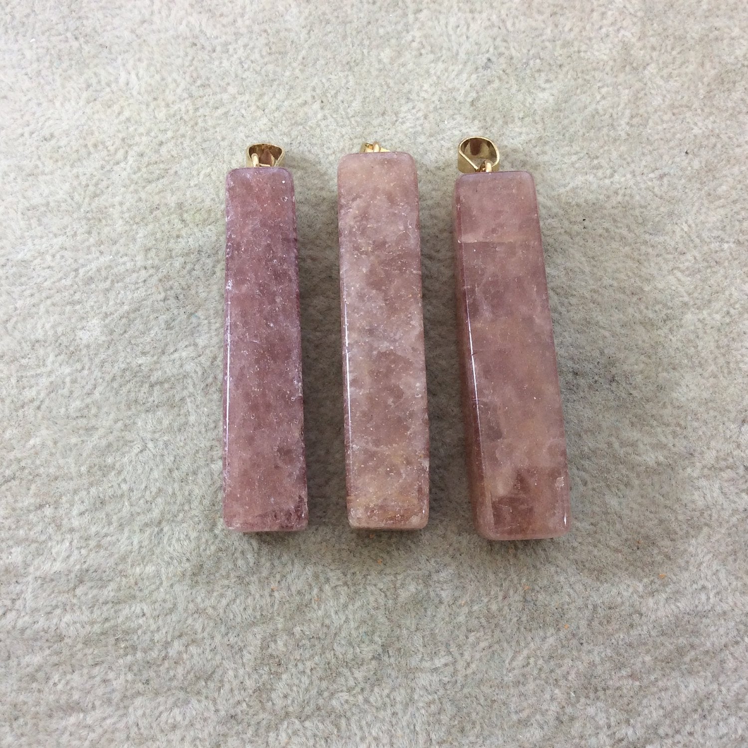 Natural Strawberry Quartz Rectangle/Block Shaped Pendant with Gold Plated Bail - Measuring 11mm x 53mm, Approx. - Sold Individually, Random