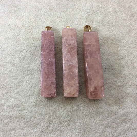 Natural Strawberry Quartz Rectangle/Block Shaped Pendant with Gold Plated Bail - Measuring 11mm x 53mm, Approx. - Sold Individually, Random