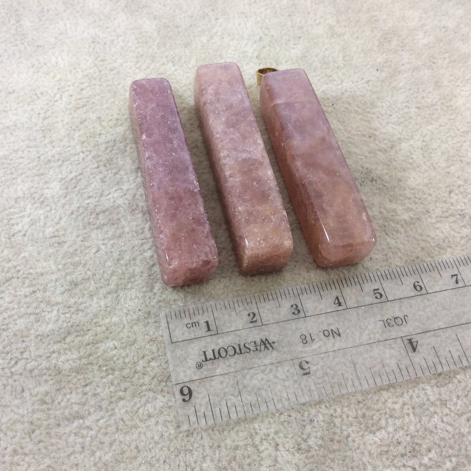 Natural Strawberry Quartz Rectangle/Block Shaped Pendant with Gold Plated Bail - Measuring 11mm x 53mm, Approx. - Sold Individually, Random
