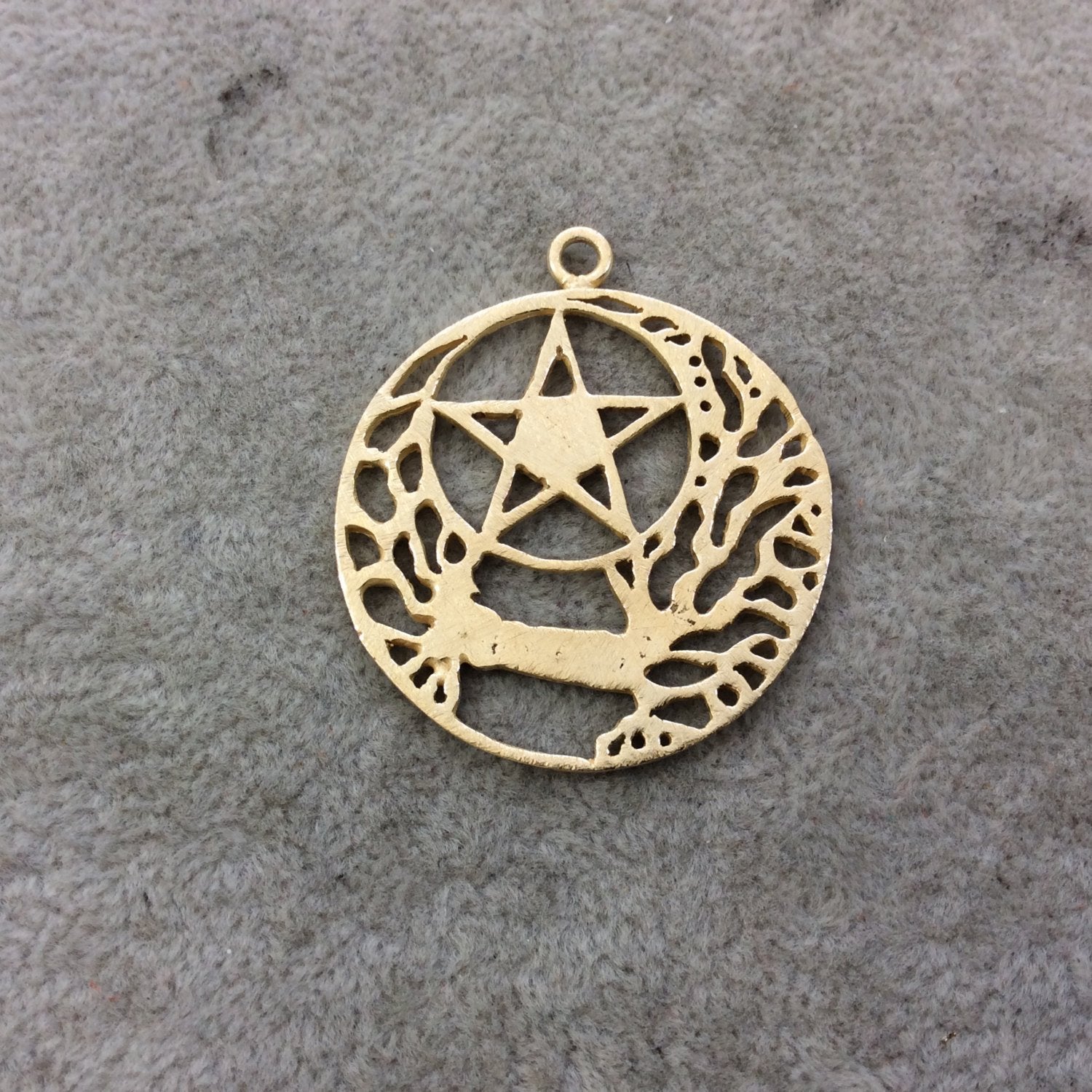Gold Plated Copper Brushed Rooted Pentacle/Star Cut-Out Circle/Disc Shaped Components - Measuring 36mm x 36mm - Sold in Packs of 4 (348-GD)