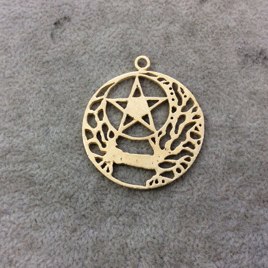 Gold Plated Copper Brushed Rooted Pentacle/Star Cut-Out Circle/Disc Shaped Components - Measuring 36mm x 36mm - Sold in Packs of 4 (348-GD)