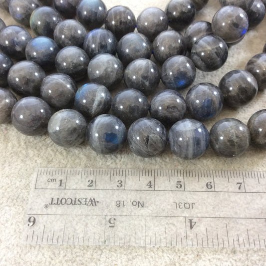 14mm Smooth Natural Labradorite Round/Ball Shaped Beads with 1mm Holes - Sold by 15" Strands (Approx. 28 Beads) - Quality Gemstone