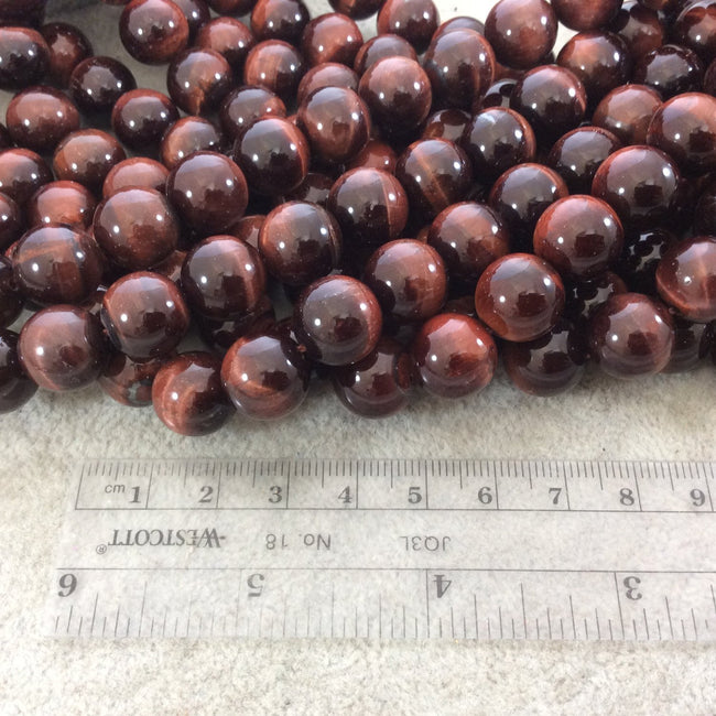 12mm Smooth Natural Red Tiger's Eye Round/Ball Shaped Beads with 1mm Holes - Sold by 15.5" Strands (Approx. 33 Beads) - Quality Gemstone