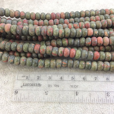 5mm x 8mm Glossy Finish Natural Green/Pink Unakite Rondelle Shaped Beads with 2.5mm Holes - 8" Strand (Approx. 39 Beads) - LARGE HOLE BEADS