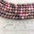 8mm Natural Dendritic Rhodonite Smooth Finish Round/Ball Shaped Beads with 2.5mm Holes - 7.75" Strand (Approx. 25 Beads) - LARGE HOLE BEADS