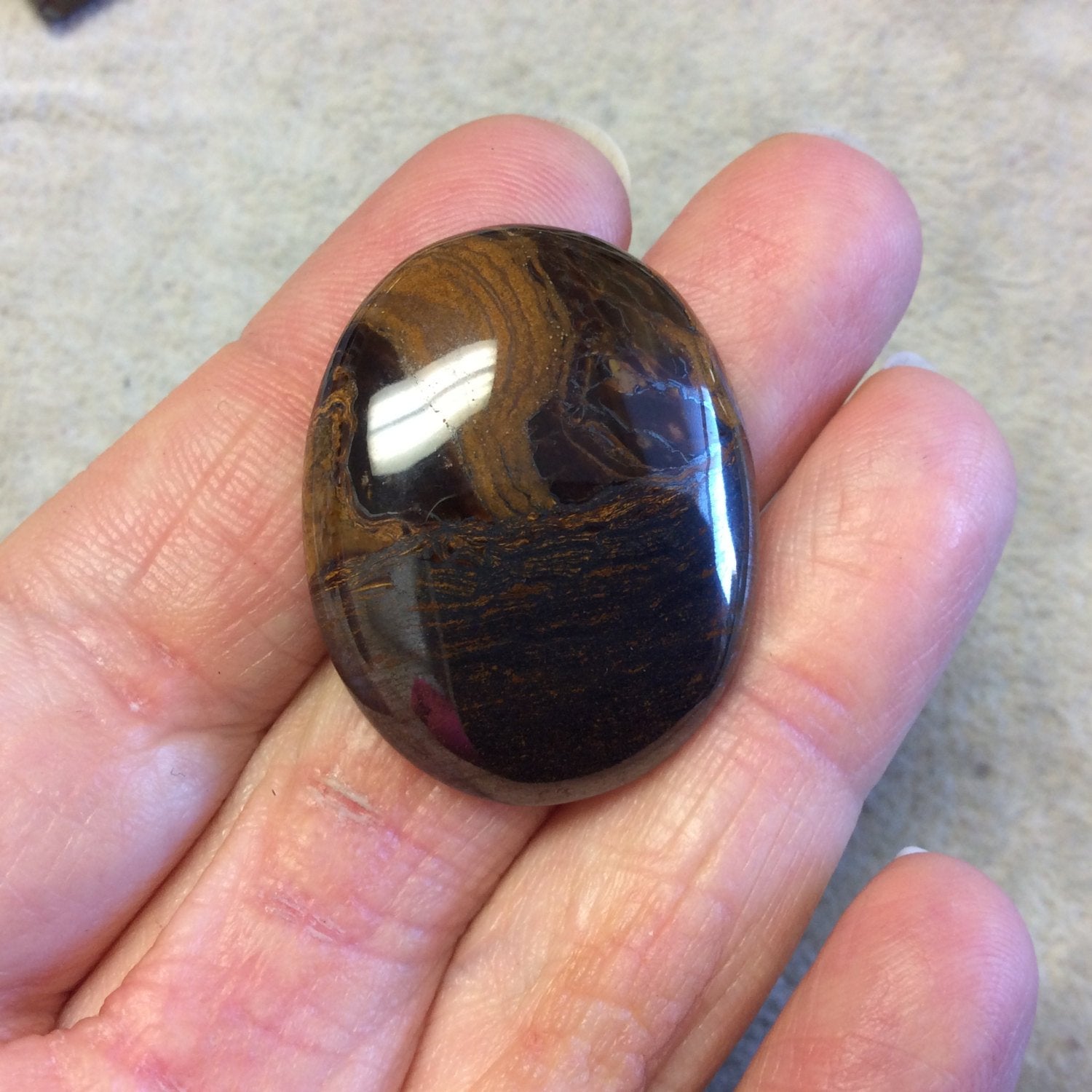 Single OOAK Natural Tiger Iron Oblong Oval Shaped Flat Back Cabochon - Measuring 27mm x 34mm, 6mm Dome Height - High Quality Gemstone