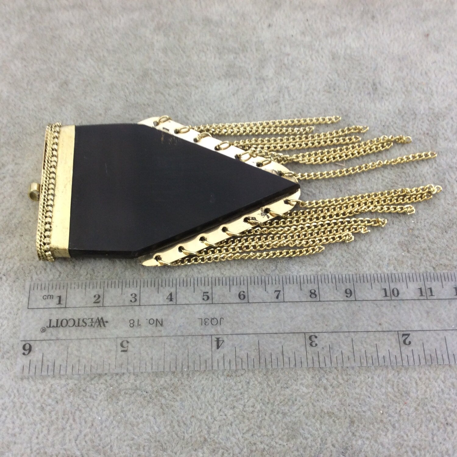 2.75" Jet Black Flat Pointed Arrow Shaped Natural Bone Pendant with Gold Plated Cap/Chains - Measuring 45mm x 72mm, Approx.