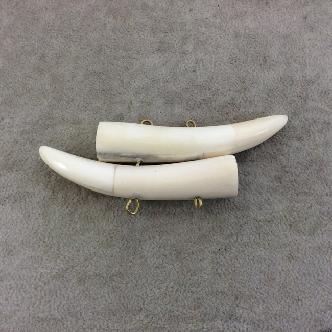 4" White/Ivory Mirrored Double Antler Tusk Shaped Natural Ox Bone Pendant with Four Suspension Rings - Measuring 104mm x 33mm - (TR4WHDMANT)