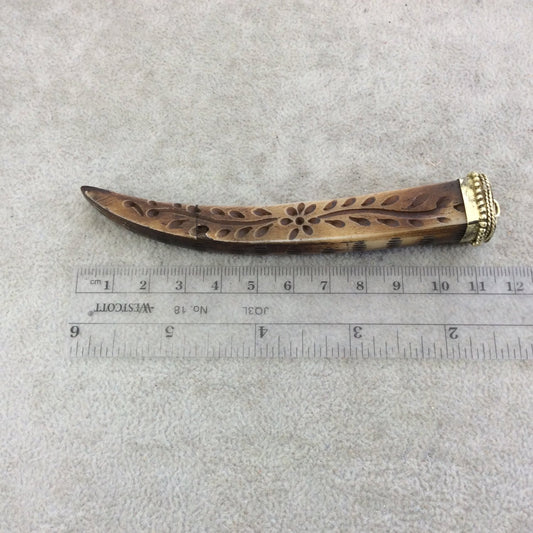 4.5" Brown Square Tusk/Claw Shaped Ox Bone Pendant with Carved Floral Vines and Dotted Gold Cap - Measuring 18 x 105mm - (TR052-BR)