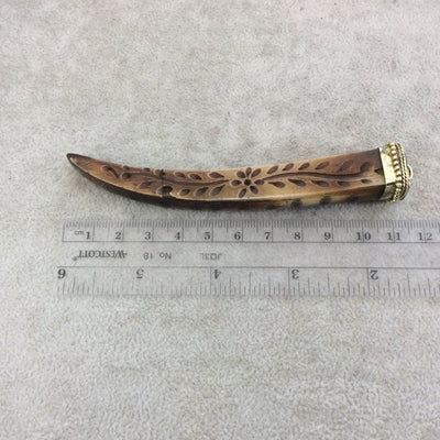4.5" Brown Square Tusk/Claw Shaped Ox Bone Pendant with Carved Floral Vines and Dotted Gold Cap - Measuring 18 x 105mm - (TR052-BR)