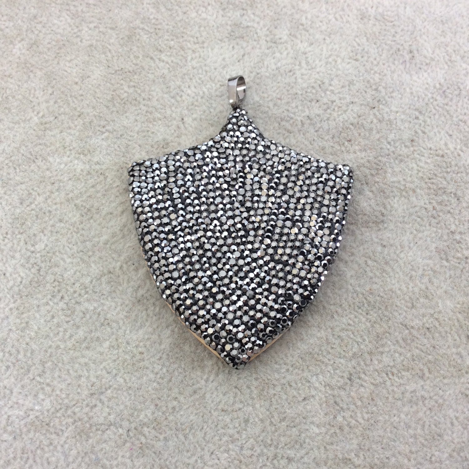 2.5" Pave Rhinestone Encrusted Wood Shield/Crest Shaped Pendant with Gray Rhinestones and Attached Bail - Measuring 55mm x 64mm, Approx.