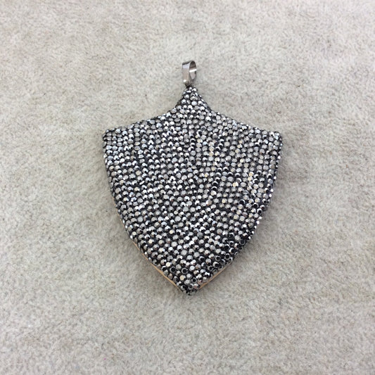 2.5" Pave Rhinestone Encrusted Wood Shield/Crest Shaped Pendant with Gray Rhinestones and Attached Bail - Measuring 55mm x 64mm, Approx.