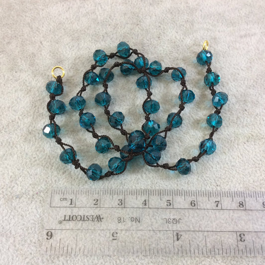 18" Dark Brown Thread Necklace Section with 8mm Faceted Glossy Finish Rondelle Shaped Transparent Teal Chinese Crystal Beads - (18CC-018)