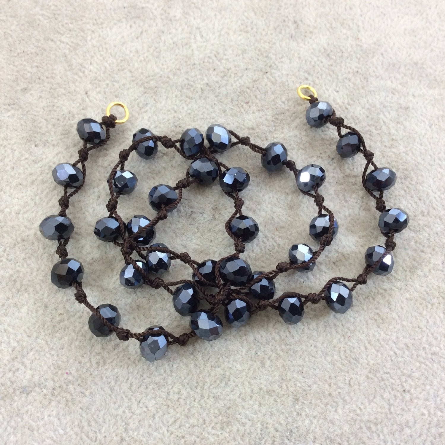 18" Dark Brown Thread Necklace Section with 8mm Faceted Metallic AB Finish Rondelle Shape Opaque Black Chinese Crystal Beads - (18CC-112)