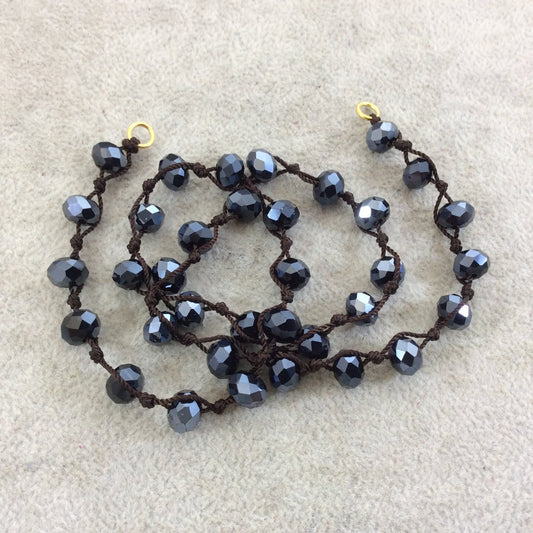 18" Dark Brown Thread Necklace Section with 8mm Faceted Metallic AB Finish Rondelle Shape Opaque Black Chinese Crystal Beads - (18CC-112)