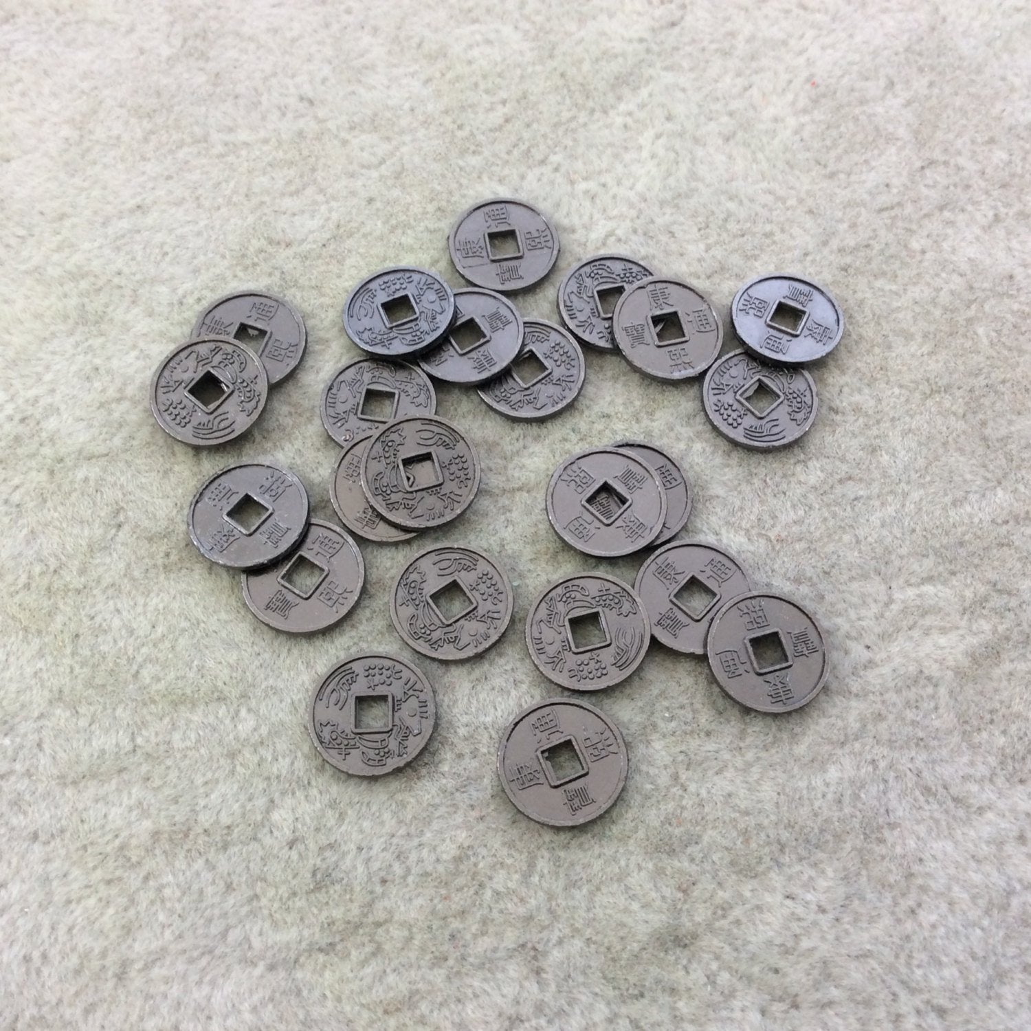 Bulk Pack of 10mm Oxidized Gunmetal Plated Tibetan Silver Detailed Oriental Coin/Circle Shaped Focal Charms/Pendants - Sold in Packs of 24