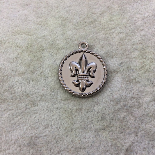 24mm Gunmetal Plated Tibetan Silver Double Sided Fleur de Lis Crown/Flourish Round Shaped Focal Charms/Pendants - Sold Individually