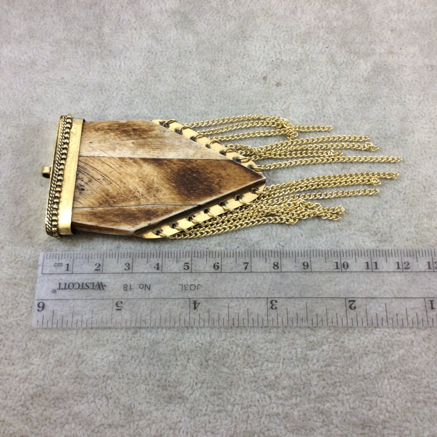 2.75" Light Brown Flat Pointed Arrow Shaped Natural Bone Pendant with Gold Plated Cap/Chains - Measuring 45mm x 72mm, Approx.