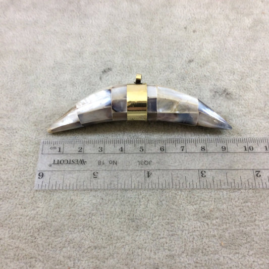3.5" Light Cool Gray Thick Banana Crescent Shaped Natural Abalone Pendant with Plain Gold Plated Bail - Measuring 95mm x 20mm - (TR114-GY)