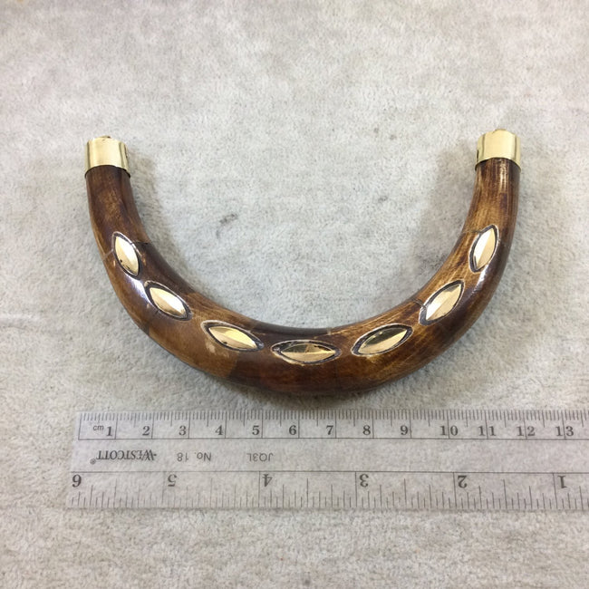 5" Extra Large Mixed Brown Double Ended U-Shaped Crescent Shaped Natural Bone Pendant with Bevel Inlay - Measures 130mm x 85mm 