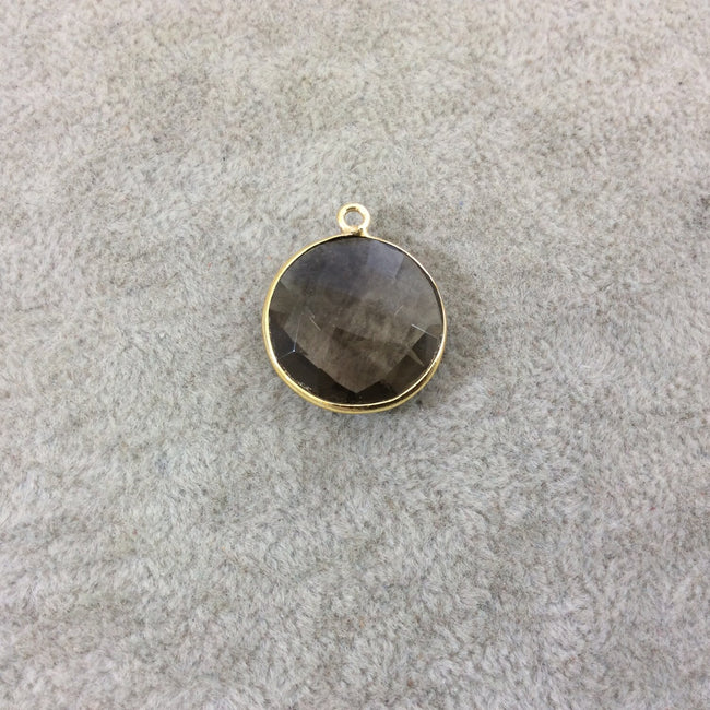 Gold Plated Faceted Smoky Brown Hydro (Lab Created) Quartz Round/Coin Shaped Bezel Pendant - Measuring 18mm x 18mm - Sold Individually