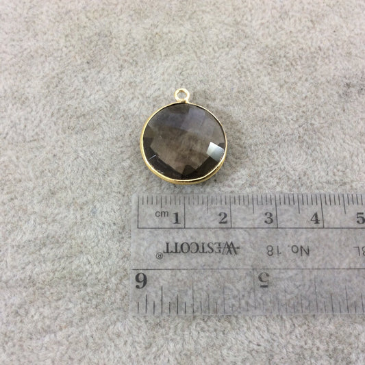 Gold Plated Faceted Smoky Brown Hydro (Lab Created) Quartz Round/Coin Shaped Bezel Pendant - Measuring 18mm x 18mm - Sold Individually