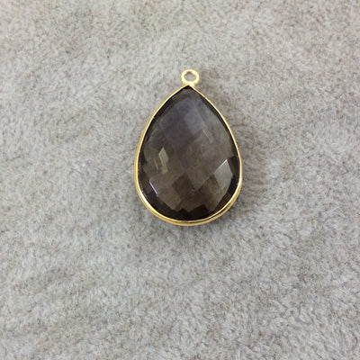Gold Plated Faceted Smoky Brown Hydro (Lab Created) Quartz Teardrop/Pear Shaped Bezel Pendant - Measuring 18mm x 25mm - Sold Individually