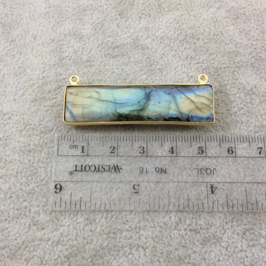 Labradorite Bezel | Gold Plated Faceted Natural Rectangle Bar Shaped Pendant - Measuring 14mm x 50mm - Sold Individually, Chosen Randomly