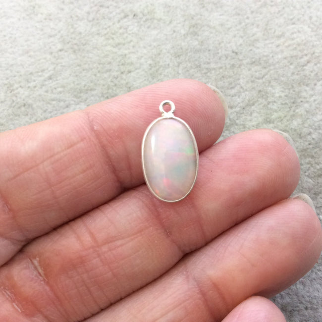 Single OOAK Sterling Silver Smooth Semi-Opaque Rainbow Genuine Ethiopian Opal Vertical Oval Shaped Bezel Pendant - Measuring 9mm x 14mm